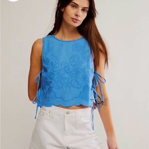 Free People Faded Gardens Blue Embroidered Tank